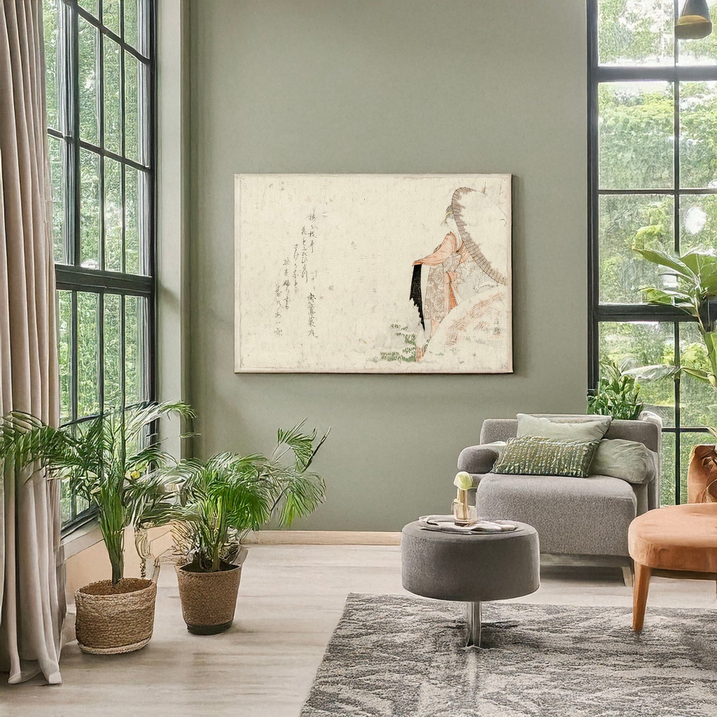A picture of Kanbai ni bijin, a mockup of the print leaning against a wall