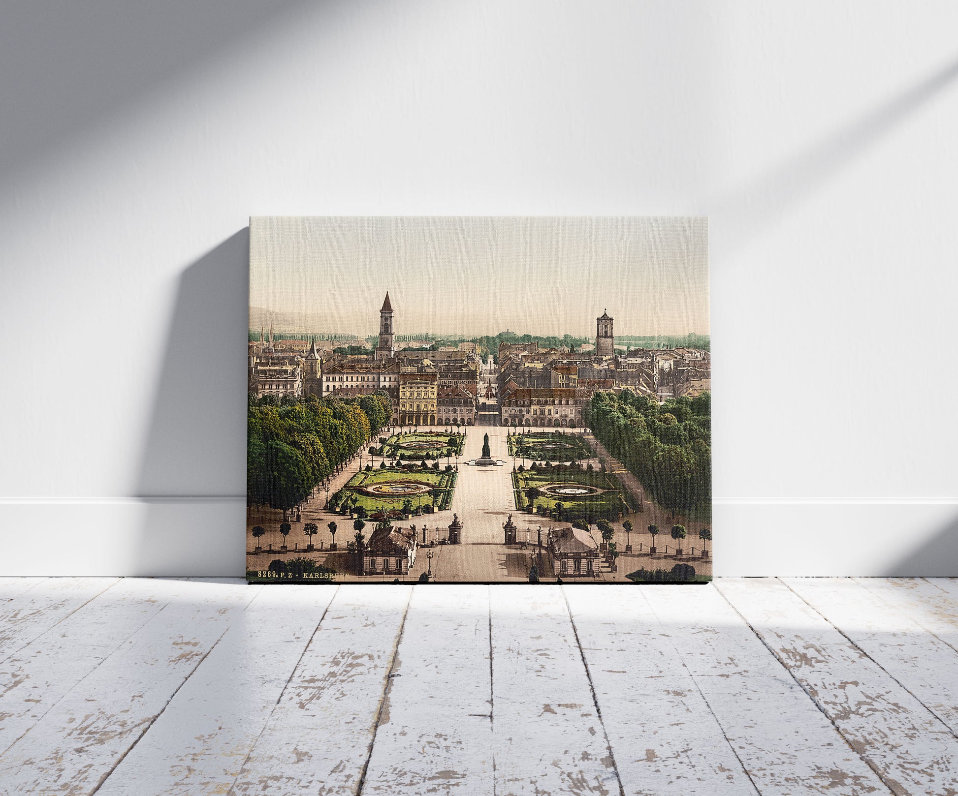 A picture of Karlsruhe, general view, Baden, Germany, a mockup of the print leaning against a wall