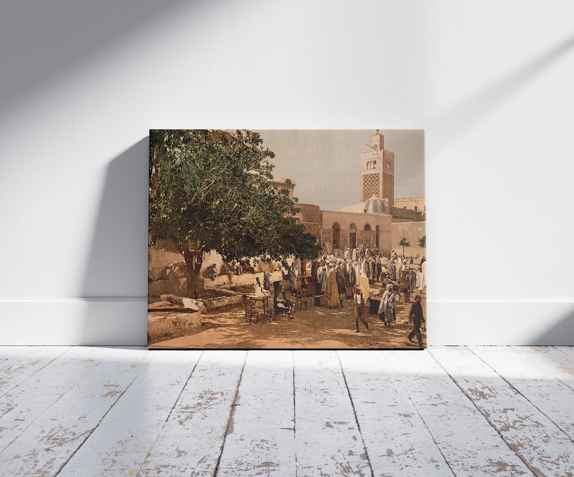 A picture of Kasbah market, Tunis, Tunisia, a mockup of the print leaning against a wall