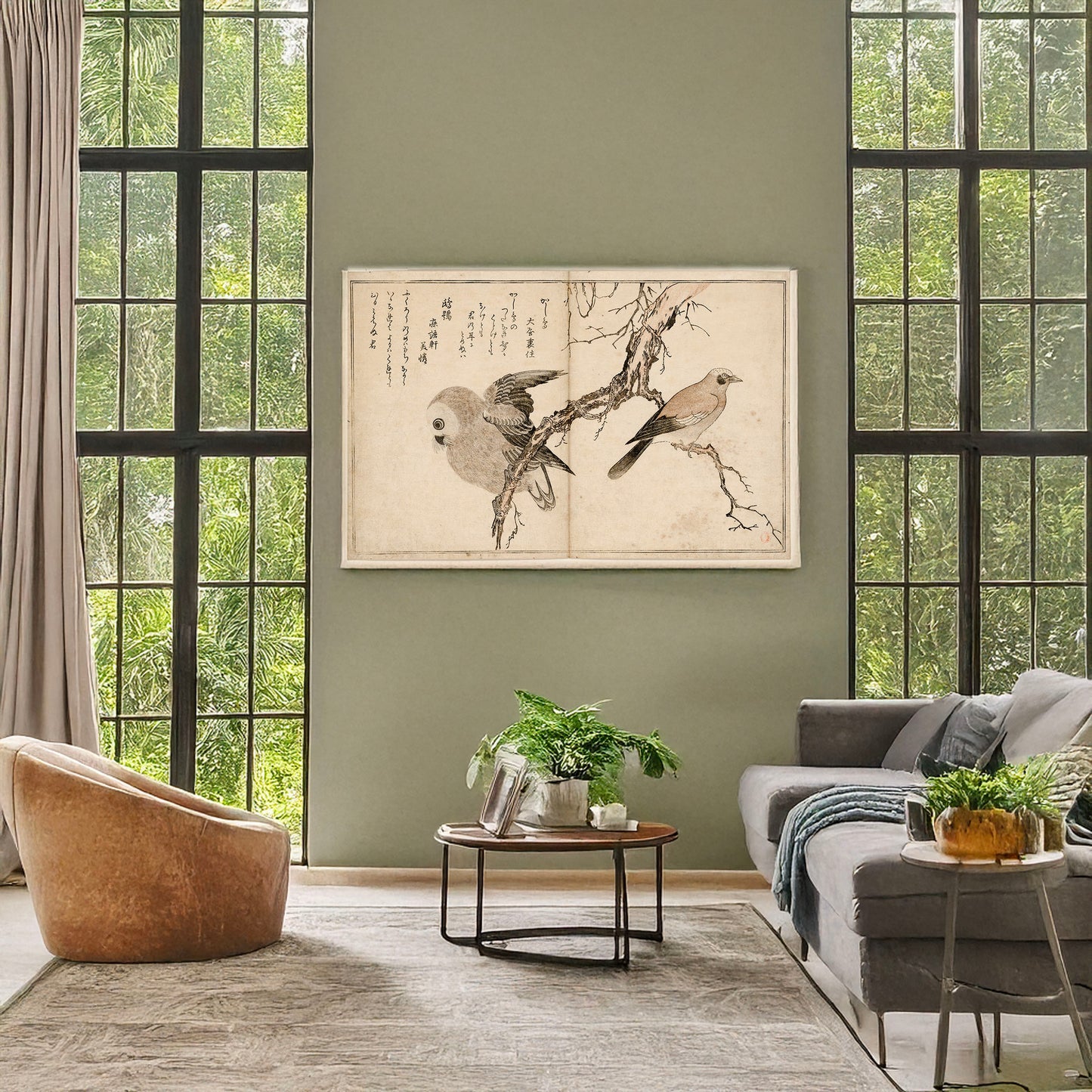 A picture of Kashidori fukurō, a mockup of the print leaning against a wall