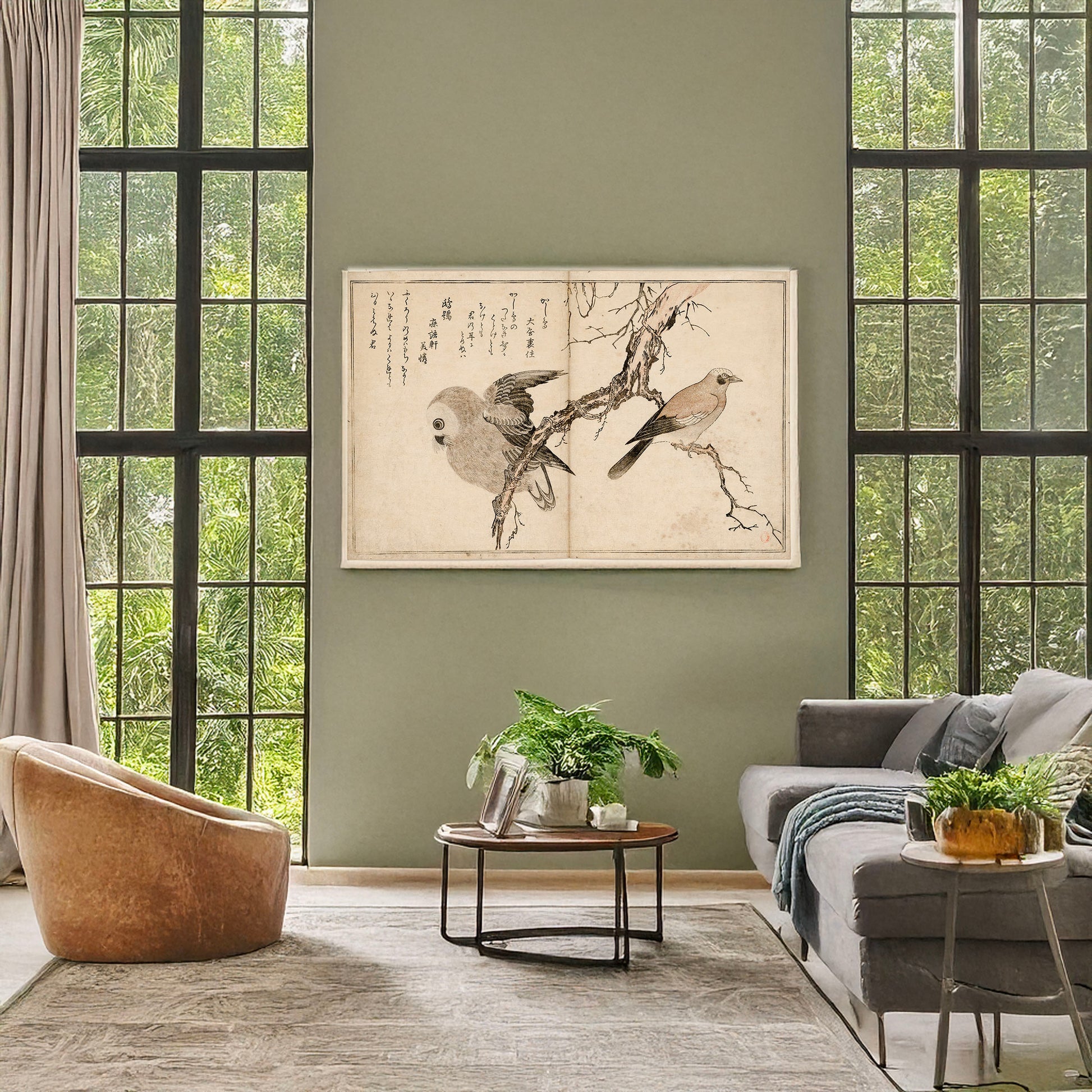 A picture of Kashidori fukurō, a mockup of the print leaning against a wall