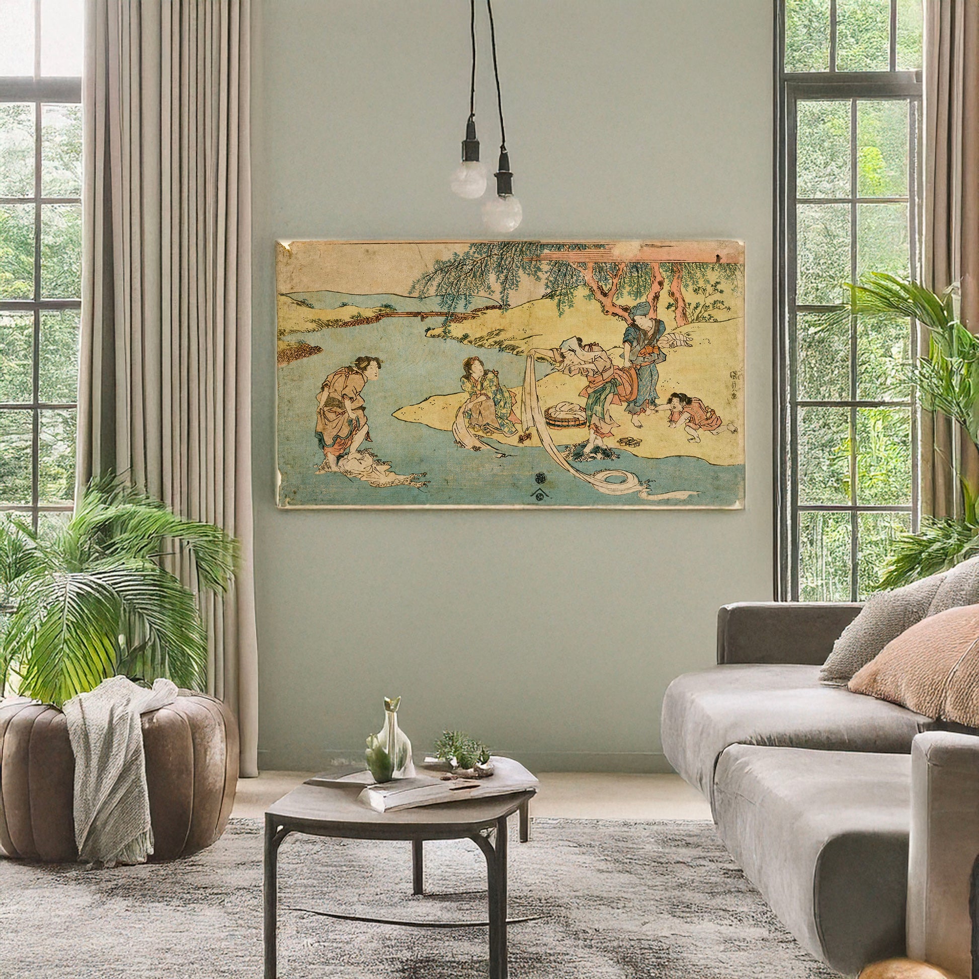 A picture of Kawa de no sentaku, a mockup of the print leaning against a wall