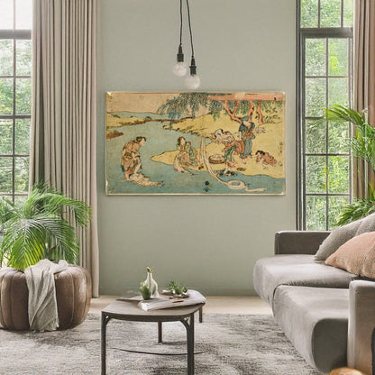 A picture of Kawa de no sentaku, a mockup of the print leaning against a wall