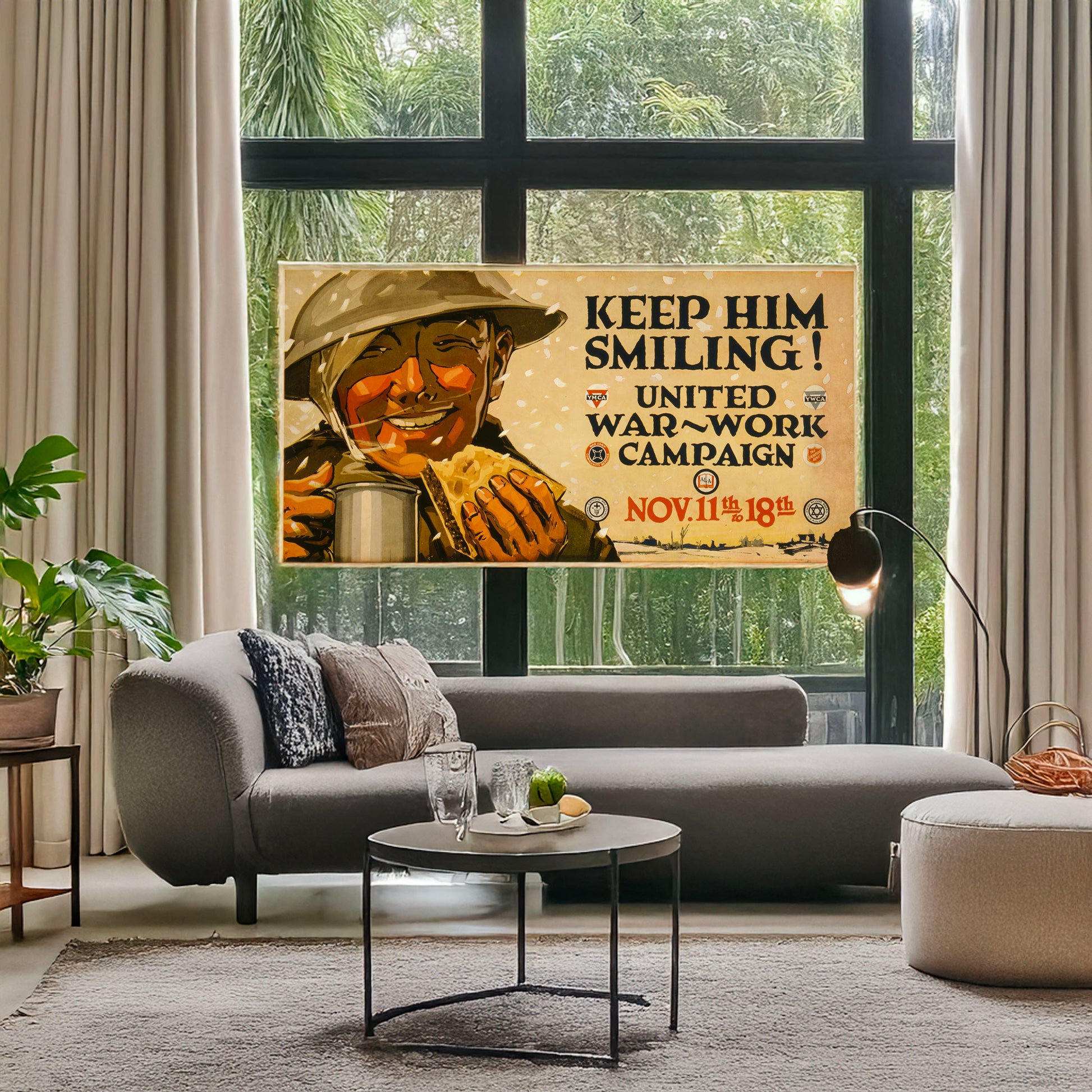 A picture of Keep him smiling! United War-Work Campaign, Nov. 11th to 18th., a mockup of the print leaning against a wall
