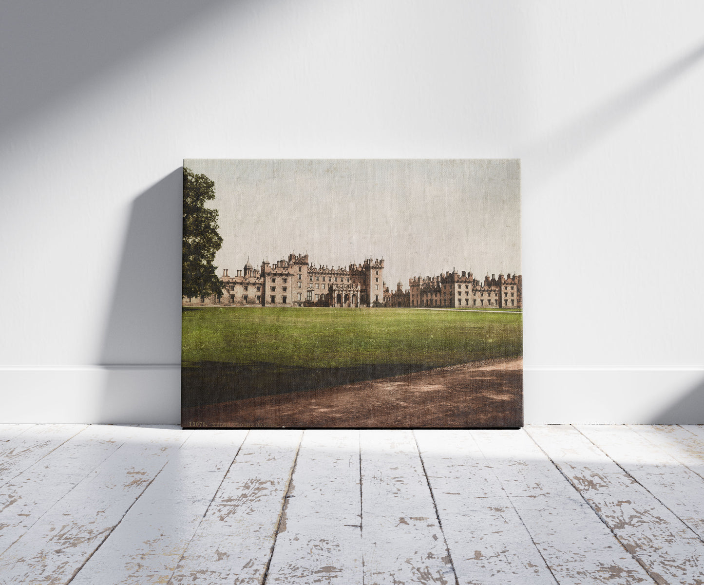 A picture of Kelso. Floors Castle, a mockup of the print leaning against a wall