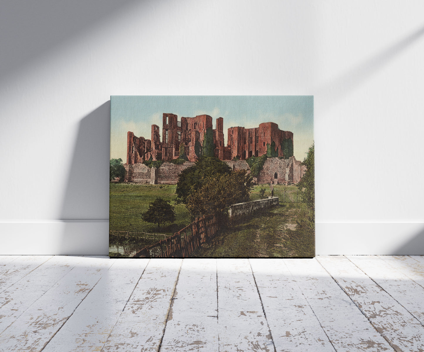 A picture of Kenilworth. The Castle, a mockup of the print leaning against a wall