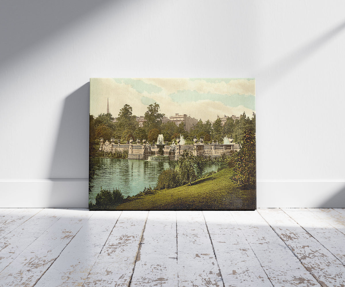 A picture of Kensington Gardens, the fountains, London, England, a mockup of the print leaning against a wall