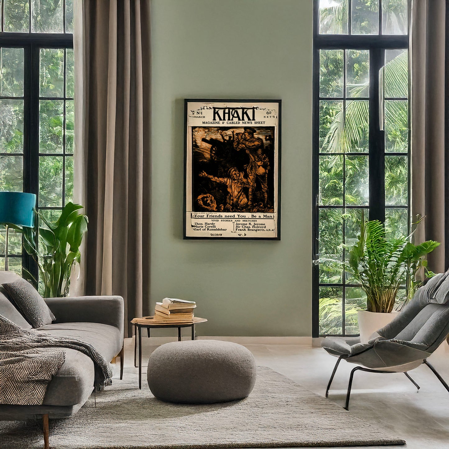 A picture of "Khaki" magazine & cabled news sheet, a mockup of the print leaning against a wall