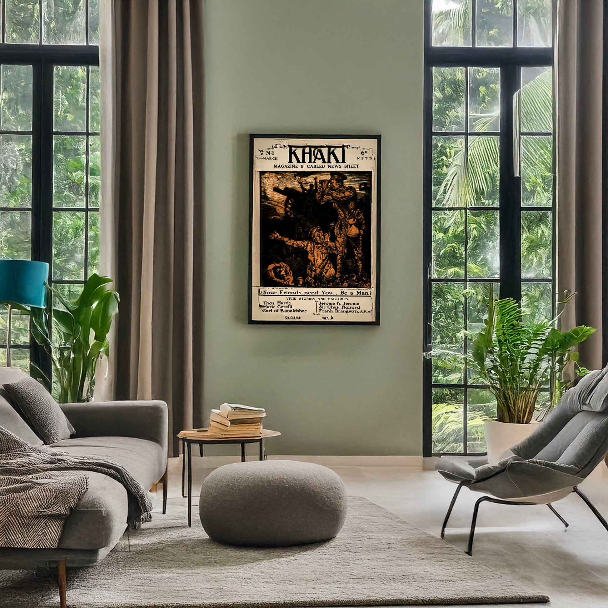 A picture of "Khaki" magazine & cabled news sheet, a mockup of the print leaning against a wall