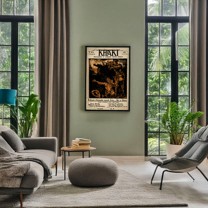 A picture of "Khaki" magazine & cabled news sheet, a mockup of the print leaning against a wall