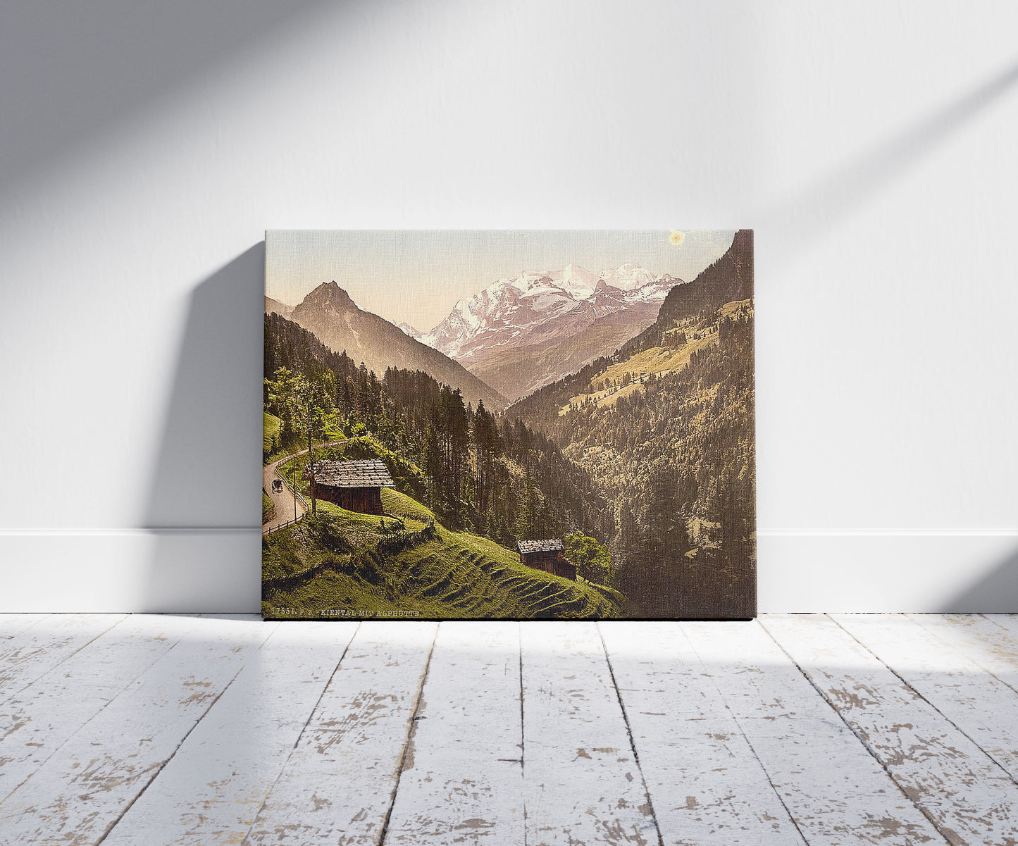 A picture of Kienthal and Alpine hut, Bernese Oberland, Switzerland, a mockup of the print leaning against a wall