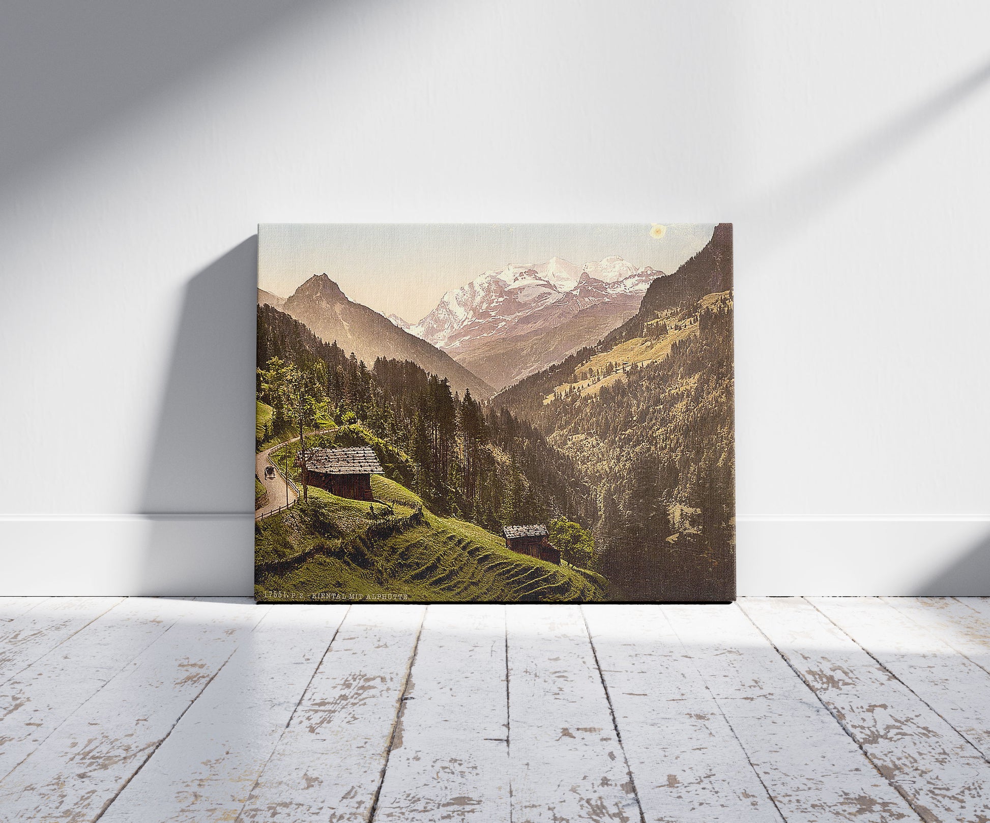 A picture of Kienthal and Alpine hut, Bernese Oberland, Switzerland, a mockup of the print leaning against a wall
