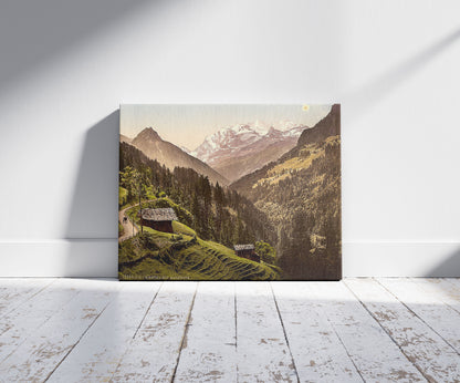 A picture of Kienthal and Alpine hut, Bernese Oberland, Switzerland, a mockup of the print leaning against a wall