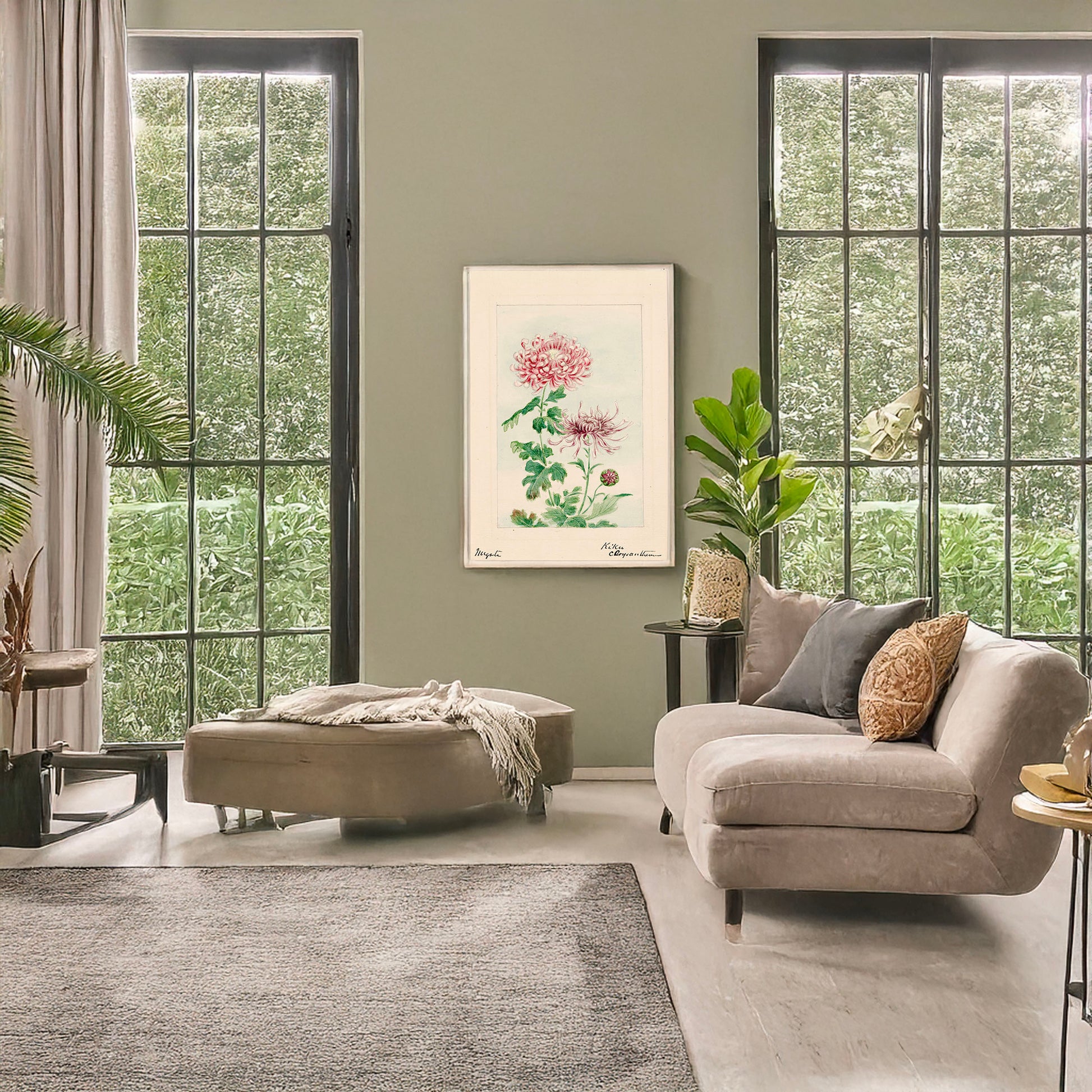 A picture of Kiku - chrysanthemum, a mockup of the print leaning against a wall