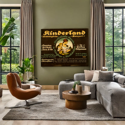 A picture of Kinderland Wohltätigkeitskonzert, a mockup of the print leaning against a wall