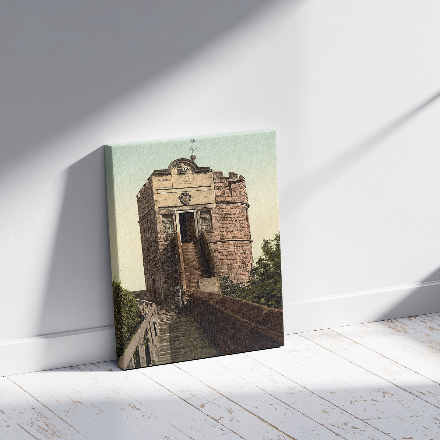 A picture of King Charles' Tower, Chester, England, a mockup of the print leaning against a wall