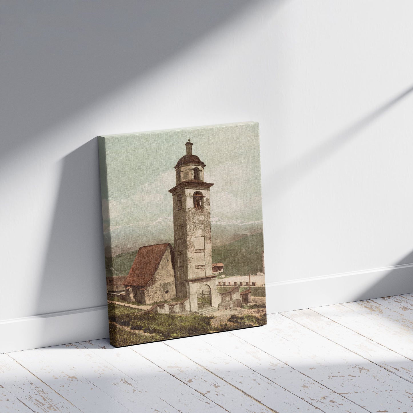 A picture of Kirche St. Moritz, a mockup of the print leaning against a wall