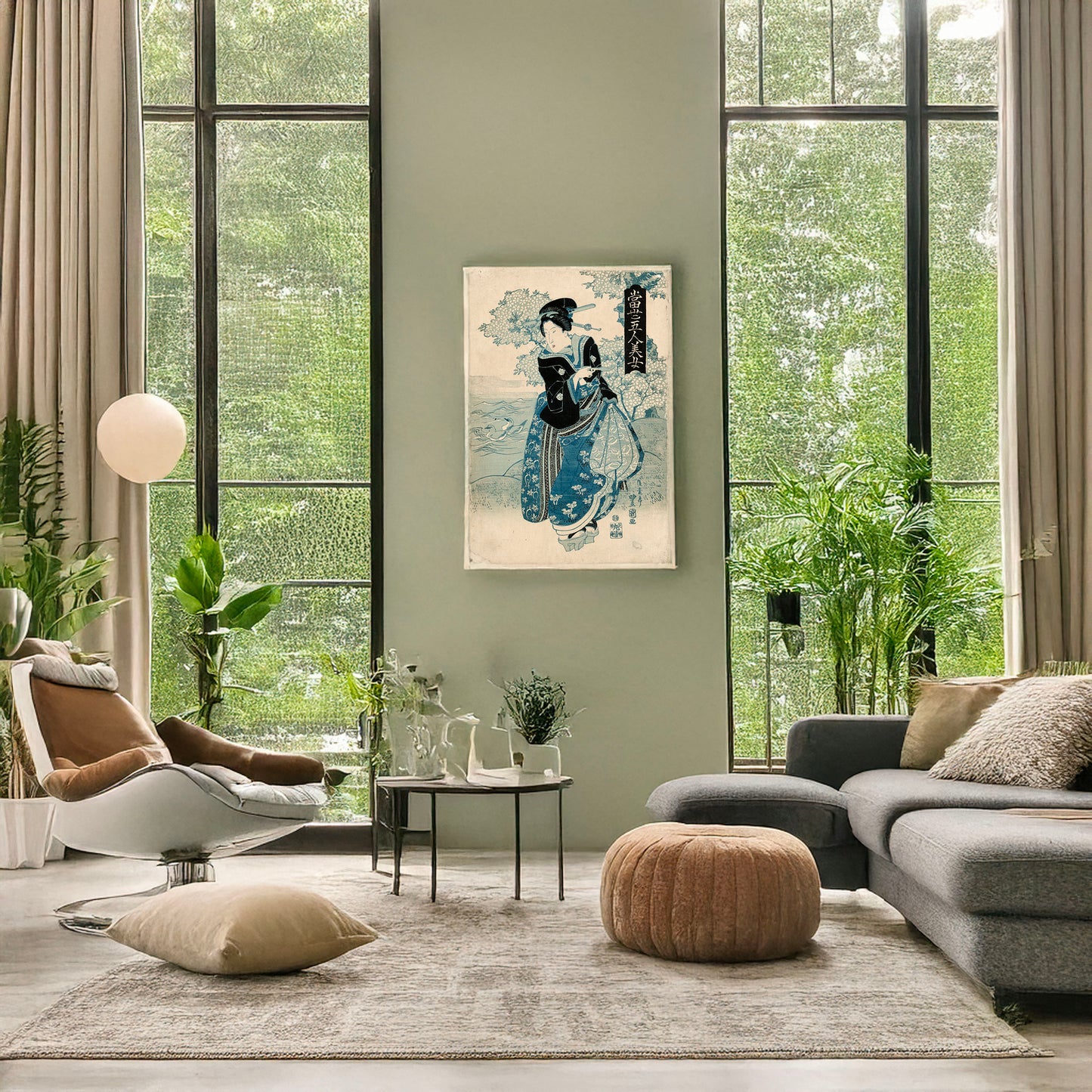 A picture of Kiseru o motsu onna, a mockup of the print leaning against a wall