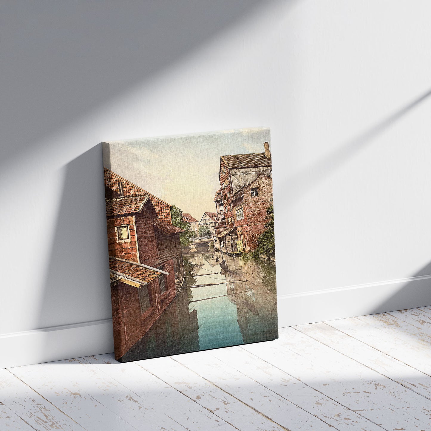 A picture of Klein-Venedis (i.e., Klein-Venedig), Hildesheim, Hanover, Germany, a mockup of the print leaning against a wall