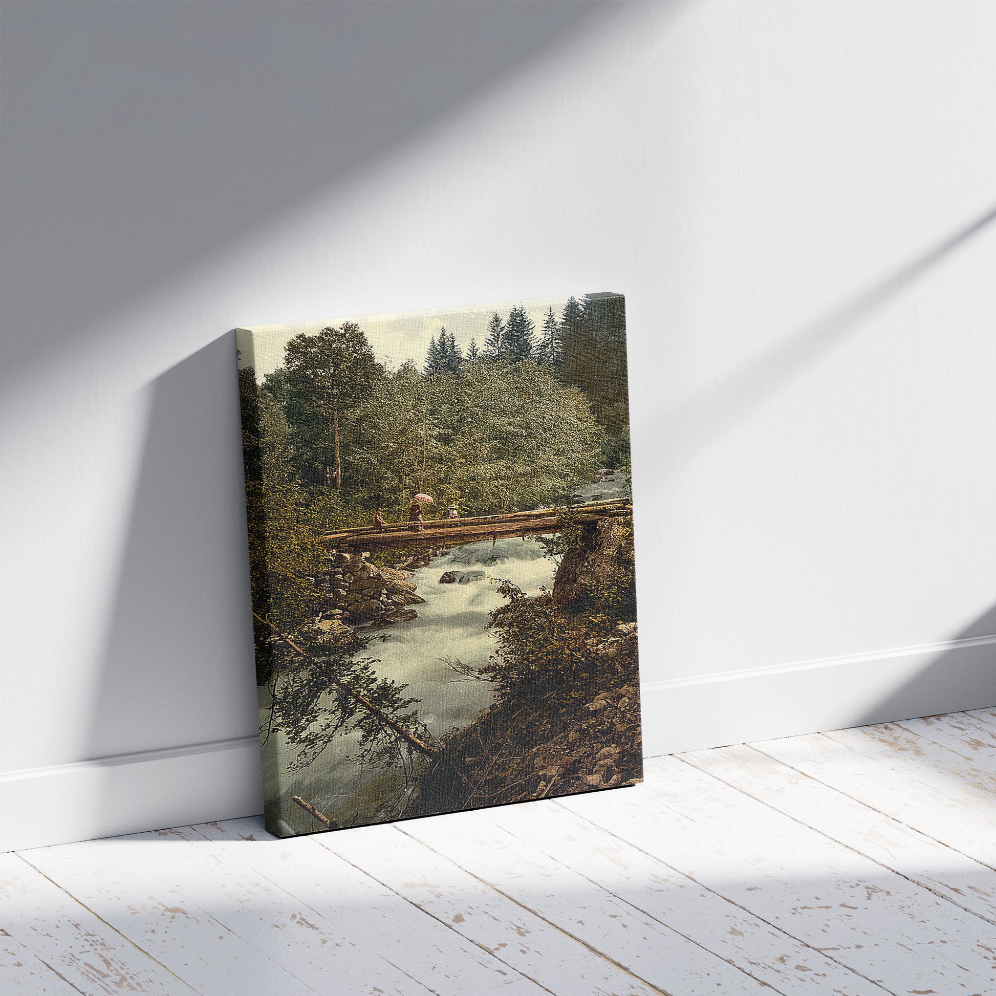 A picture of Klosters, gorges of the Landquart, with footbridge, Grisons, Switzerland, a mockup of the print leaning against a wall