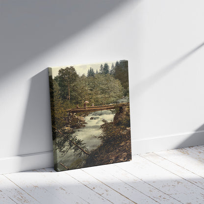 A picture of Klosters, gorges of the Landquart, with footbridge, Grisons, Switzerland, a mockup of the print leaning against a wall