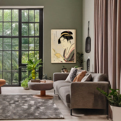 A picture of Kobikichō arayashiki koiseya ochie, a mockup of the print leaning against a wall
