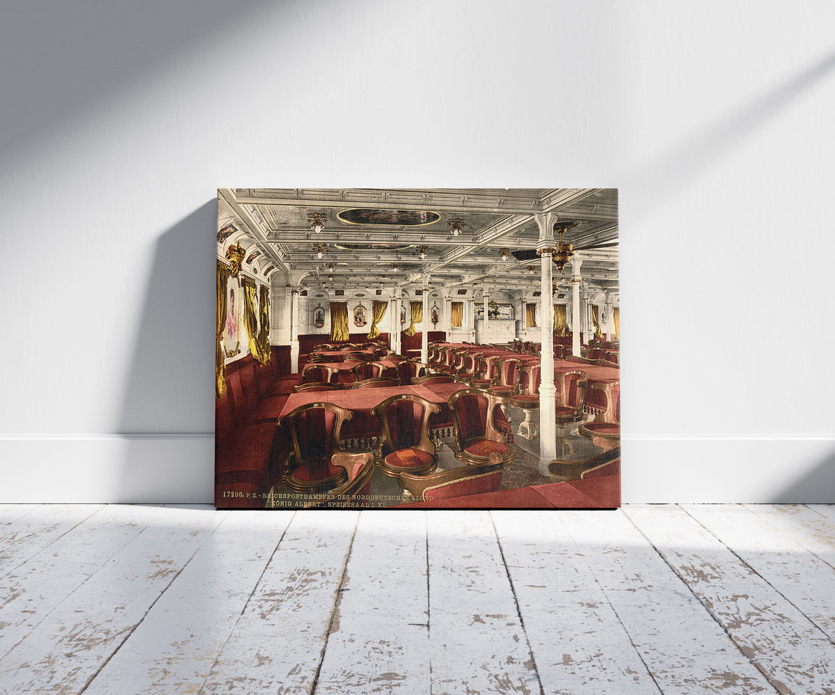 A picture of "Konig Albert," dining room, first class, North German Lloyd, Royal Mail Steamers, a mockup of the print leaning against a wall