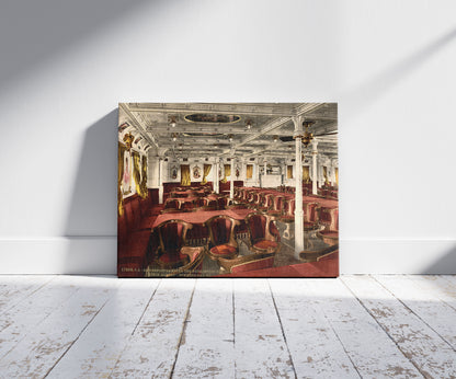 A picture of "Konig Albert," dining room, first class, North German Lloyd, Royal Mail Steamers, a mockup of the print leaning against a wall