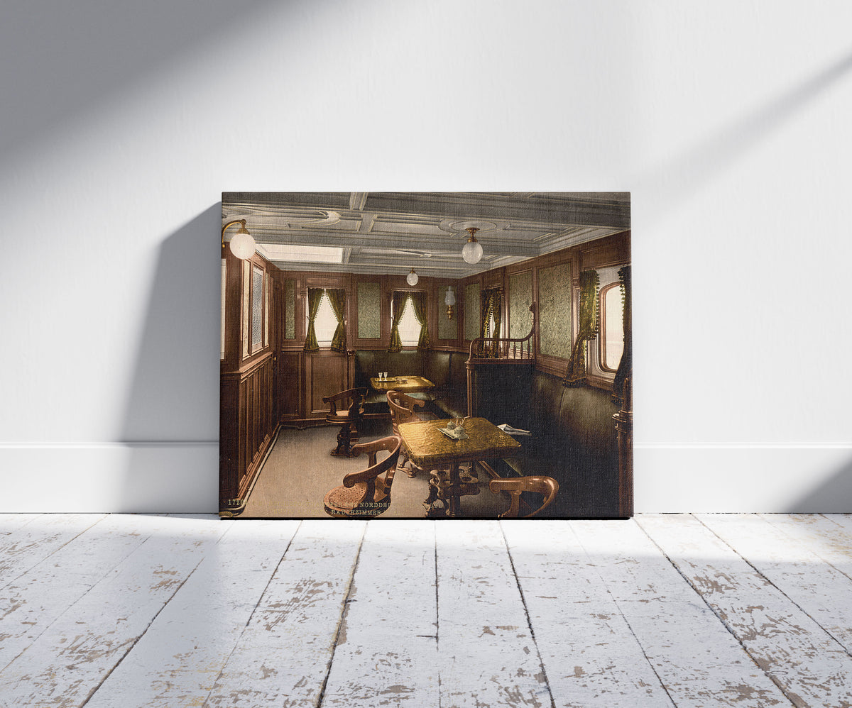 A picture of "Konig Albert," smoking cabin, second class, North German Lloyd, Royal Mail Steamers, a mockup of the print leaning against a wall