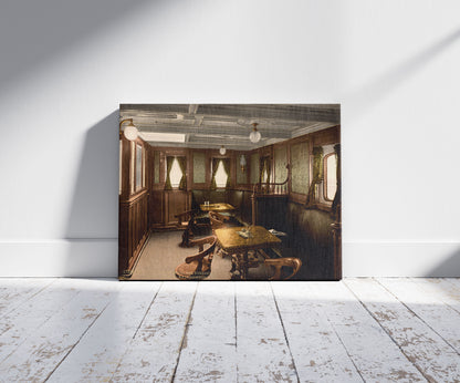 A picture of "Konig Albert," smoking cabin, second class, North German Lloyd, Royal Mail Steamers, a mockup of the print leaning against a wall