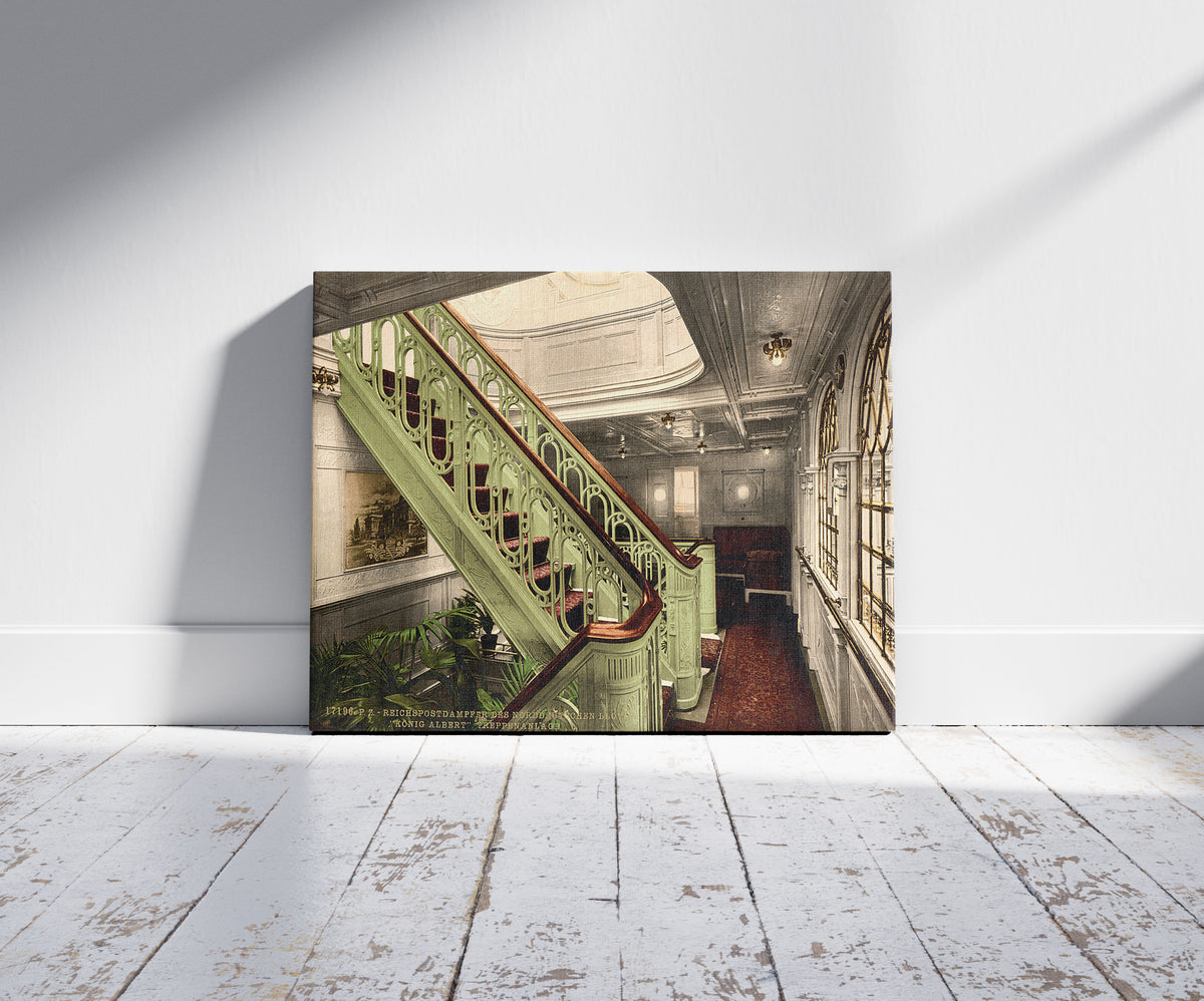A picture of "Konig Albert," staircase, North German Lloyd, Royal Mail Steamers, a mockup of the print leaning against a wall