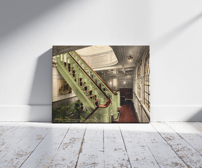 A picture of "Konig Albert," staircase, North German Lloyd, Royal Mail Steamers, a mockup of the print leaning against a wall