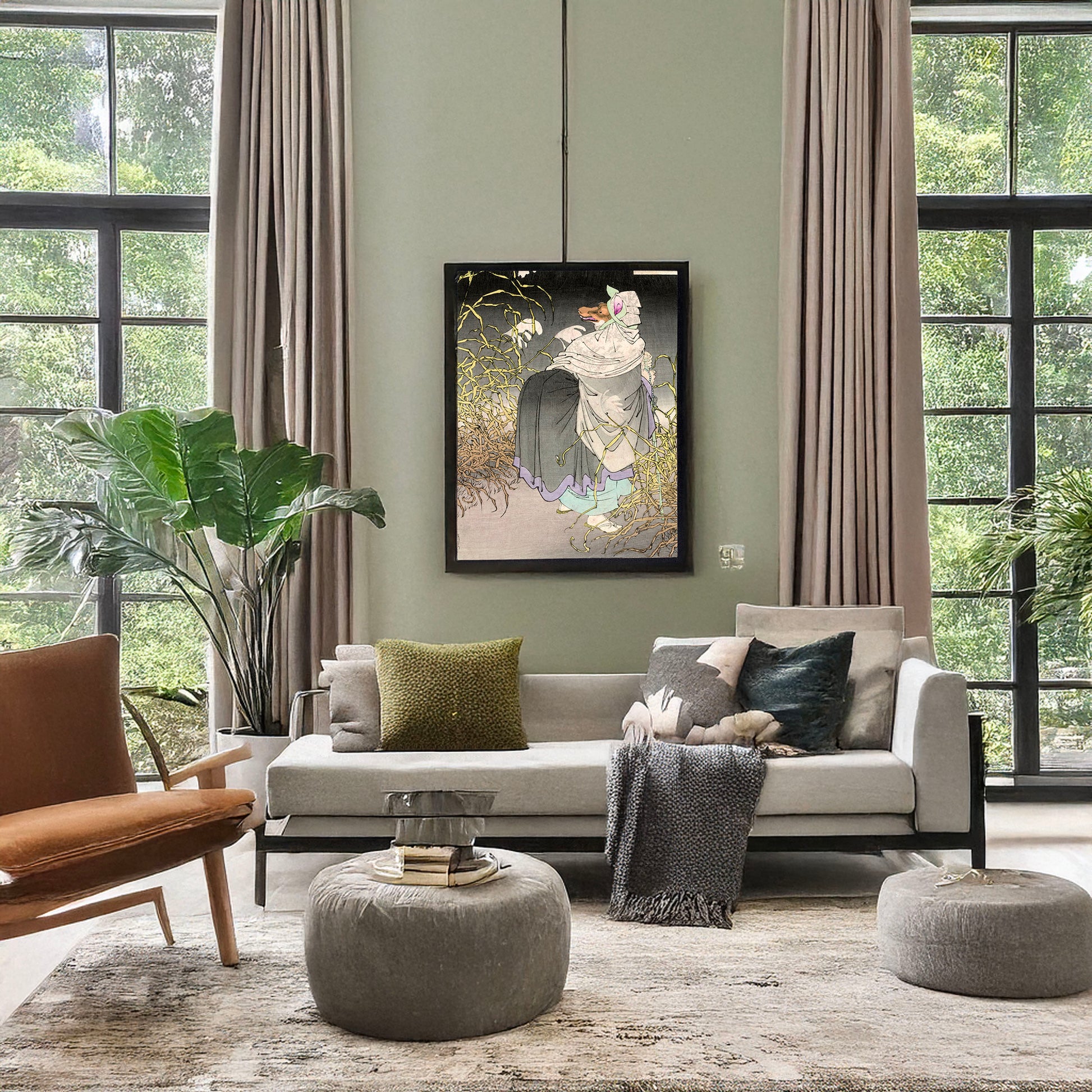 A picture of Konkai, a mockup of the print leaning against a wall