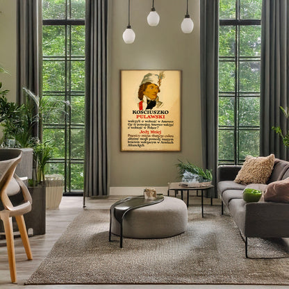 A picture of Kościuszko, Pułaski - They fought for liberty in America ... Eat less wheat, meat, fats, sugar ..., a mockup of the print leaning against a wall