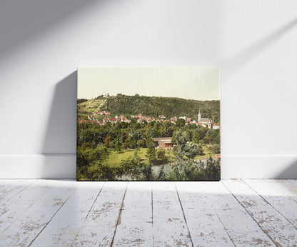 A picture of Kosen-les-Bains (i.e, Bad Kösen), Thuringia, Germany, a mockup of the print leaning against a wall