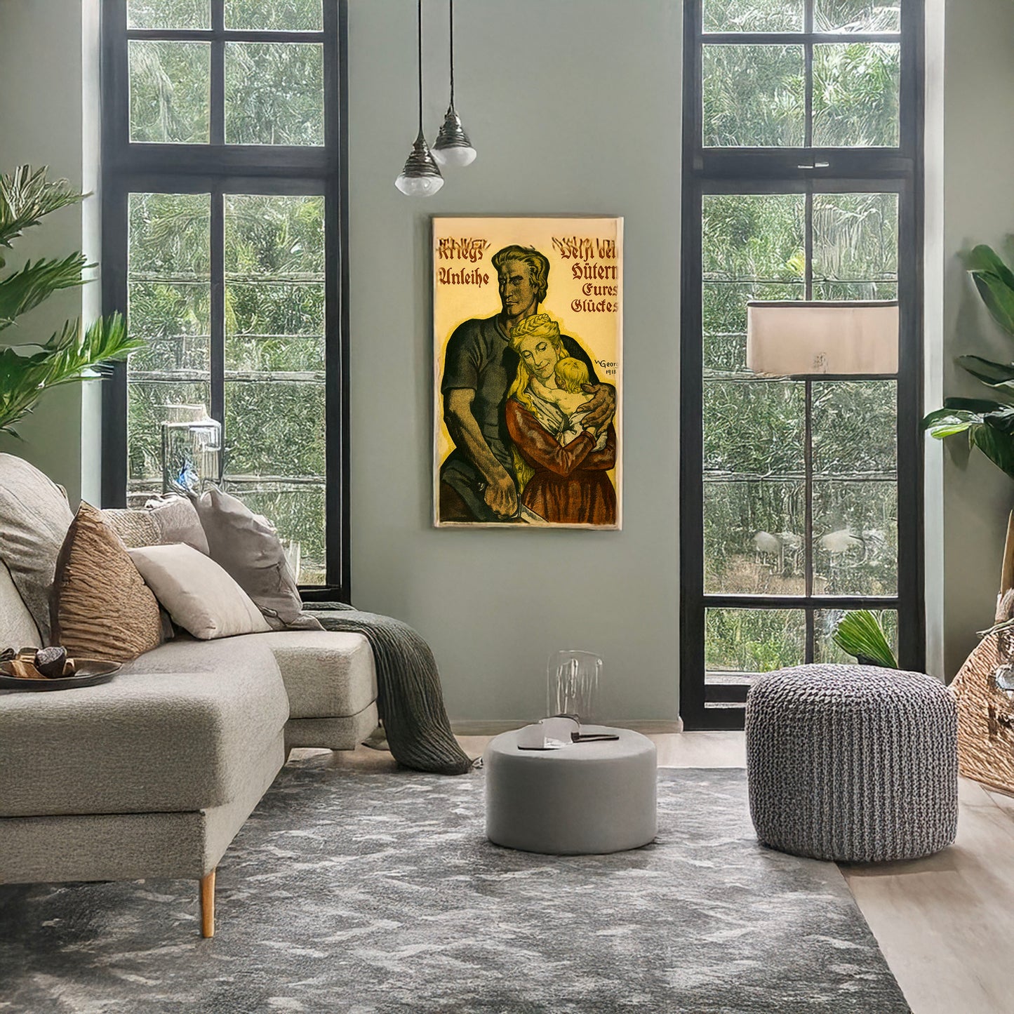 A picture of Kriegsanleihe, helft den Hütern eures Glückes, a mockup of the print leaning against a wall