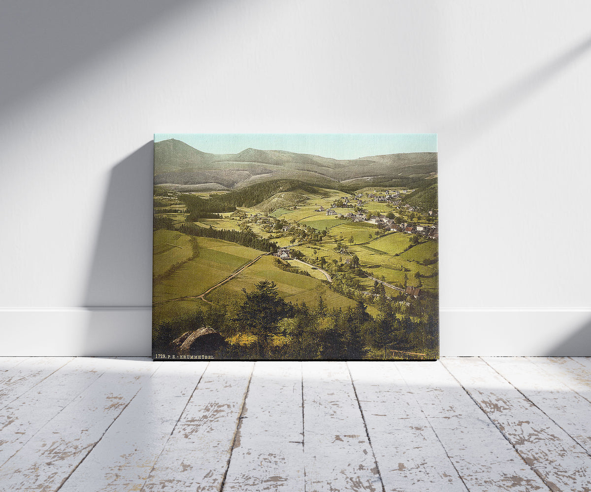 A picture of Krummhubel, with the High Mountains, Riesengebirge, Germany (i.e., Karpacz, Poland), a mockup of the print leaning against a wall