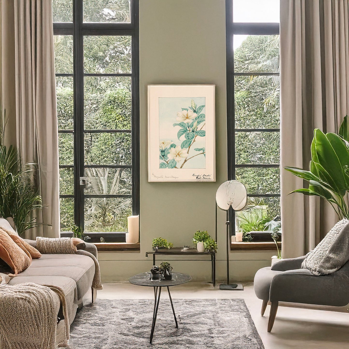 A picture of Kuchi nashi - cape jasmine, a mockup of the print leaning against a wall