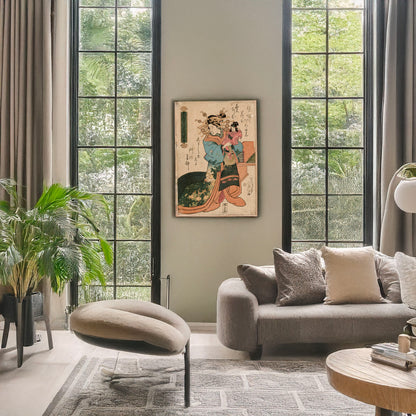 A picture of Kukimanjiya uchi Takimoto, a mockup of the print leaning against a wall