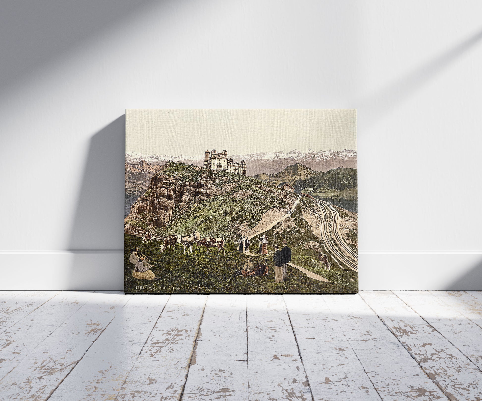 A picture of Kulm, view of the Alps, Rigi, Switzerland, a mockup of the print leaning against a wall