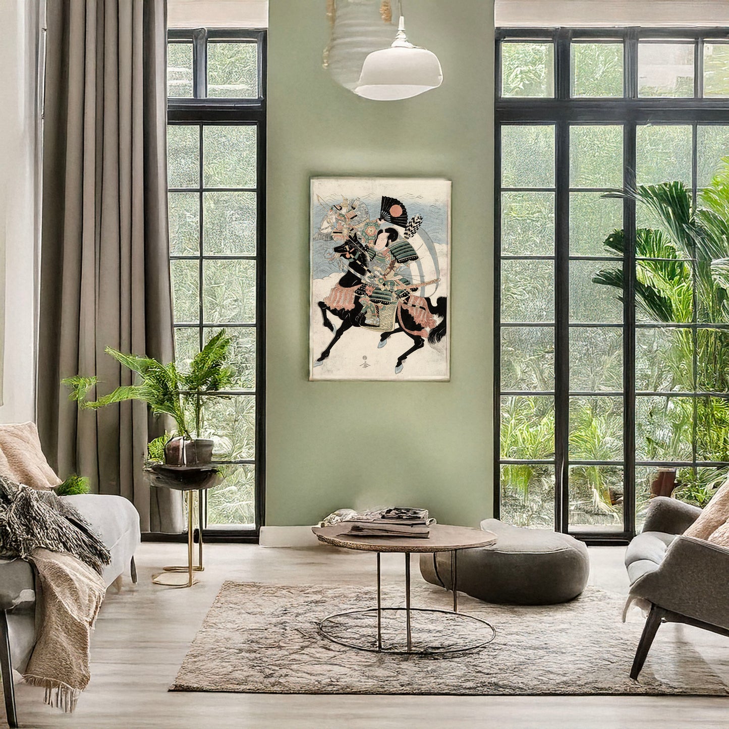 A picture of Kumagai Nnaozane to Taira no Atsumori, a mockup of the print leaning against a wall