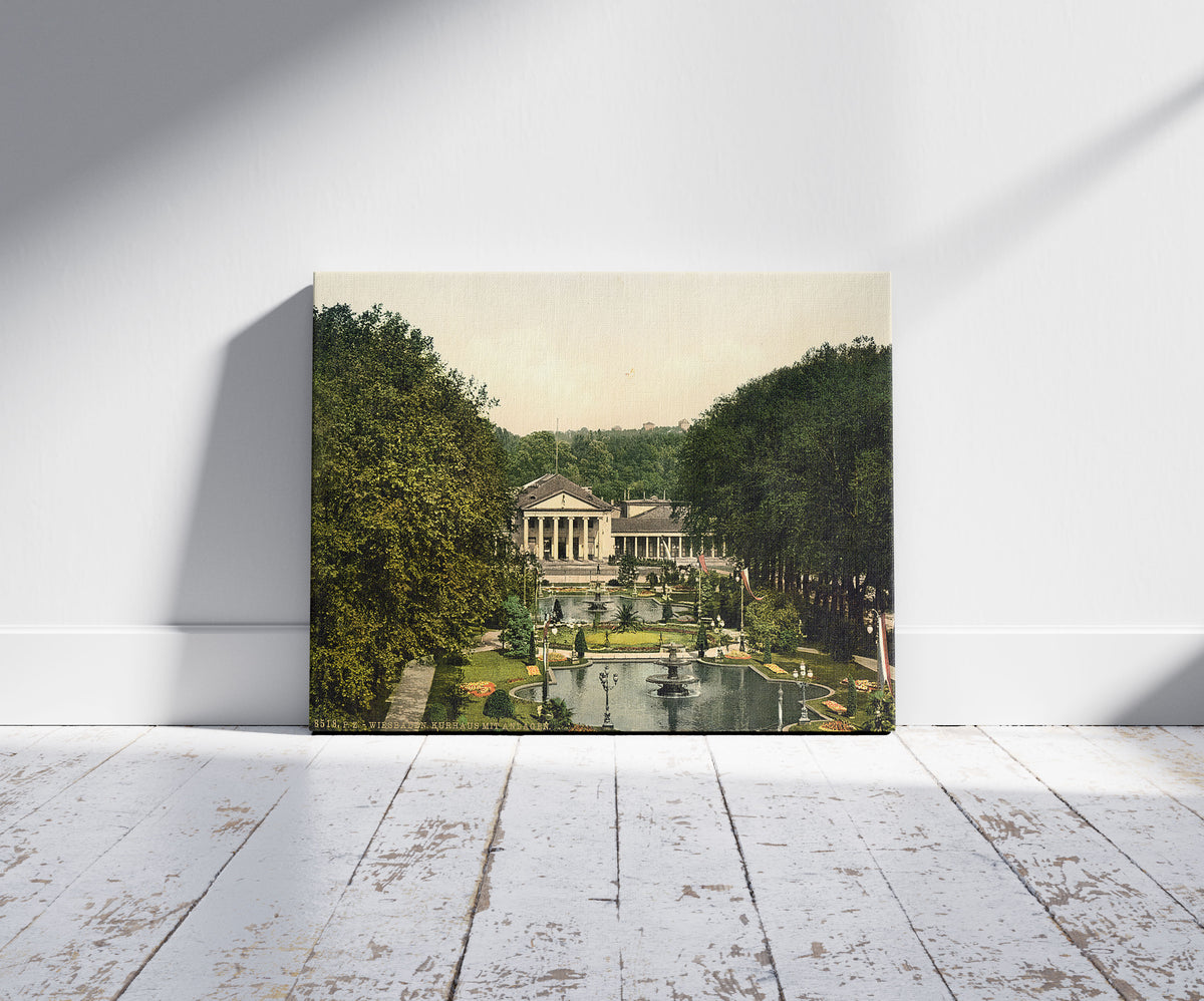 A picture of Kurhaus and surroundings, Wiesbaden, Hesse-Nassau, Germany, a mockup of the print leaning against a wall