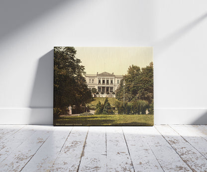 A picture of Kurhaus, Misdroy, Pomerania, Germany  (i.e., Międzyzdroje, Poland), a mockup of the print leaning against a wall