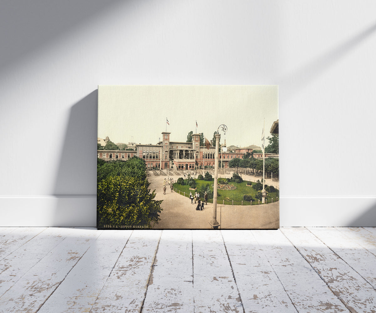 A picture of Kurhaus, Zoppot, East Prussia, Germany (i.e., Sopot, Poland), a mockup of the print leaning against a wall