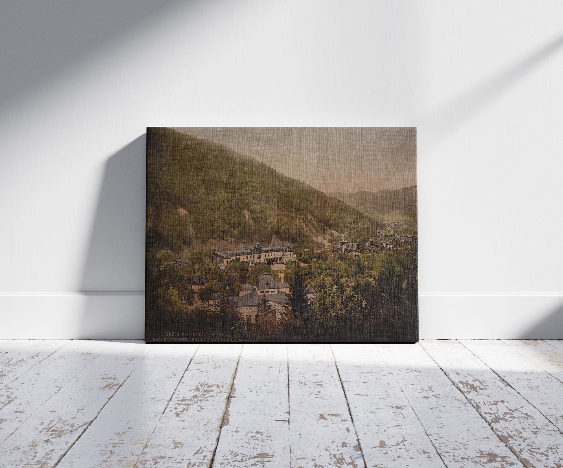 A picture of Kurplatz with hydrotherapic baths and Hotel Karaimann, Sinaia, Roumania, a mockup of the print leaning against a wall