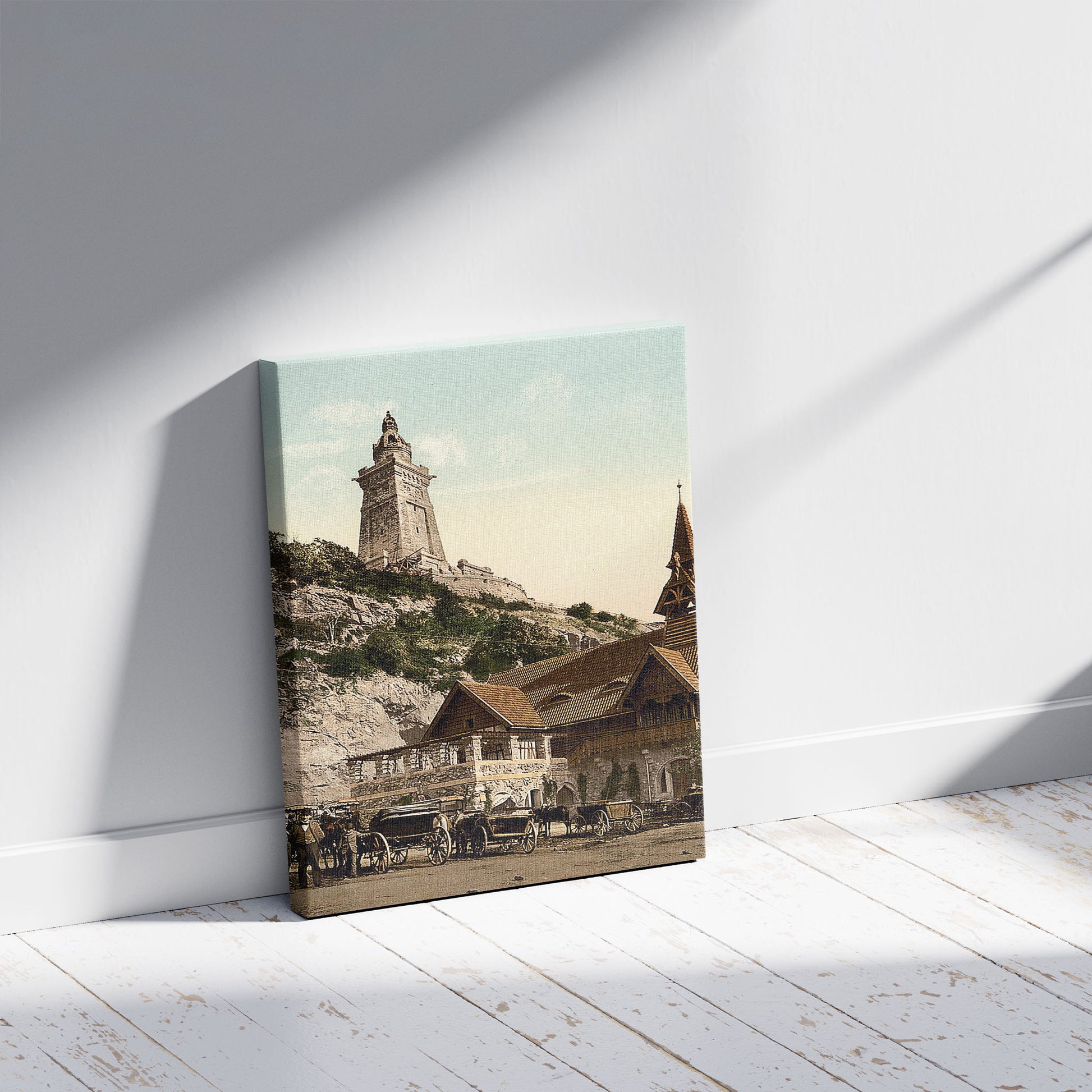 A picture of Kyffhauser and monument and restaurant, Thuringia, Germany, a mockup of the print leaning against a wall