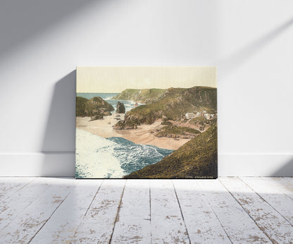 A picture of Kynance Cove, Cornwall, England, a mockup of the print leaning against a wall