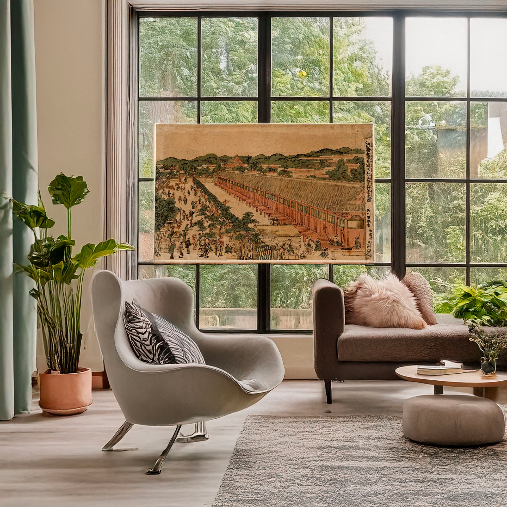 A picture of Kyōto sanjūsangendō no zu, a mockup of the print leaning against a wall