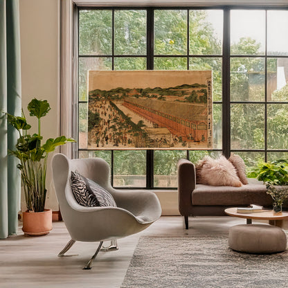 A picture of Kyōto sanjūsangendō no zu, a mockup of the print leaning against a wall