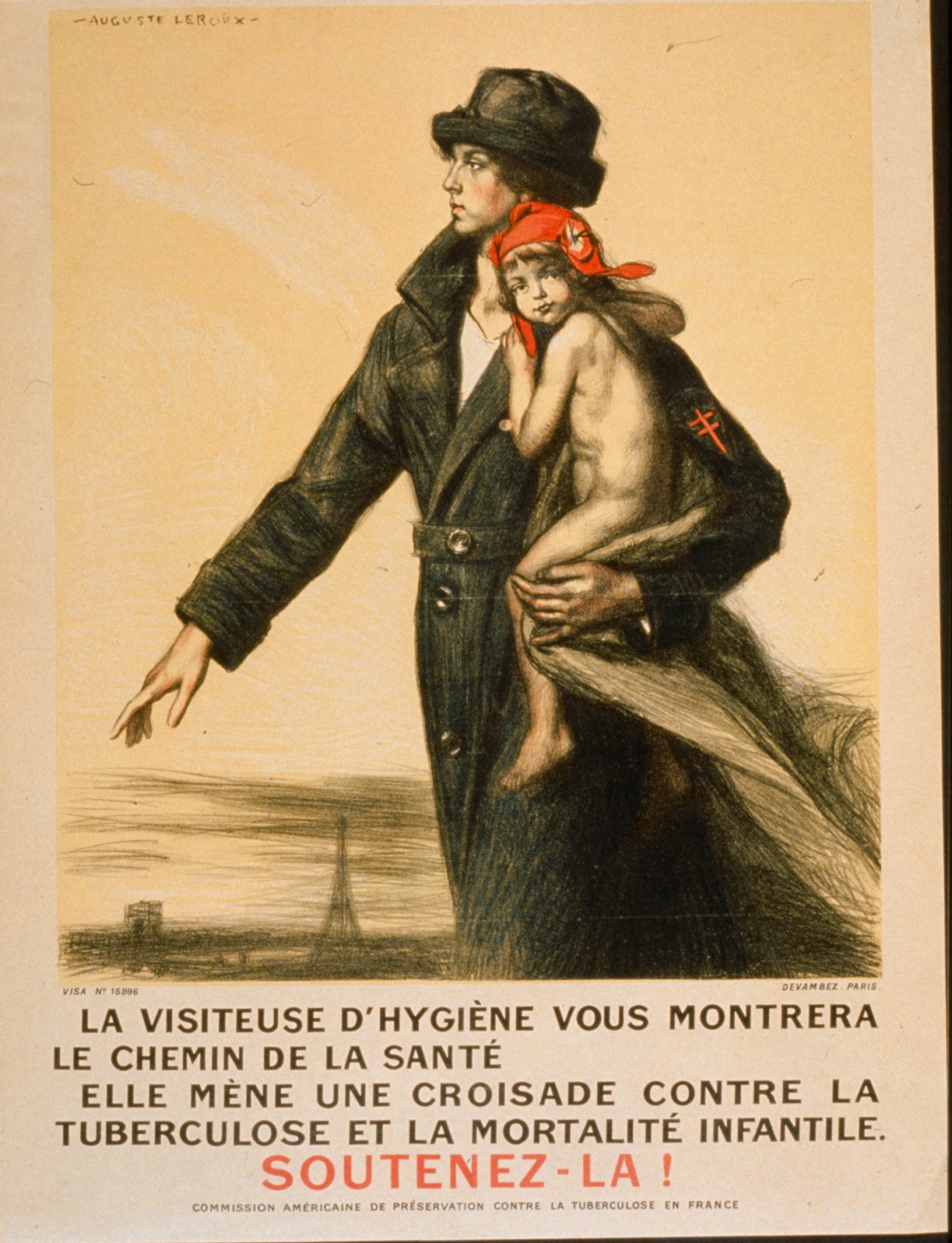 A picture of La visiteuse d'hygiéne vous montrera le chemin de la santé. Elle mène une croisade contre la tuberculose et la mortalité infantile. Soutenez-la!